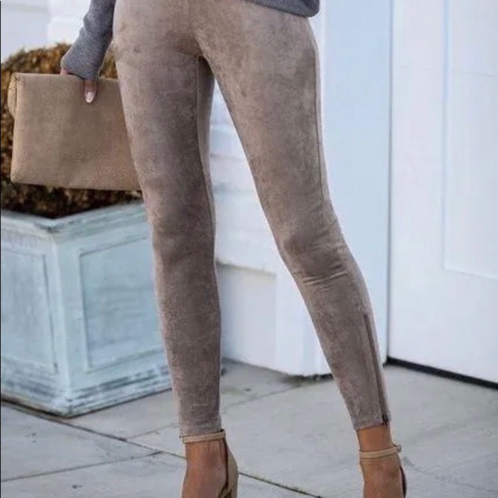 Brown suede leggings with side leg zippers